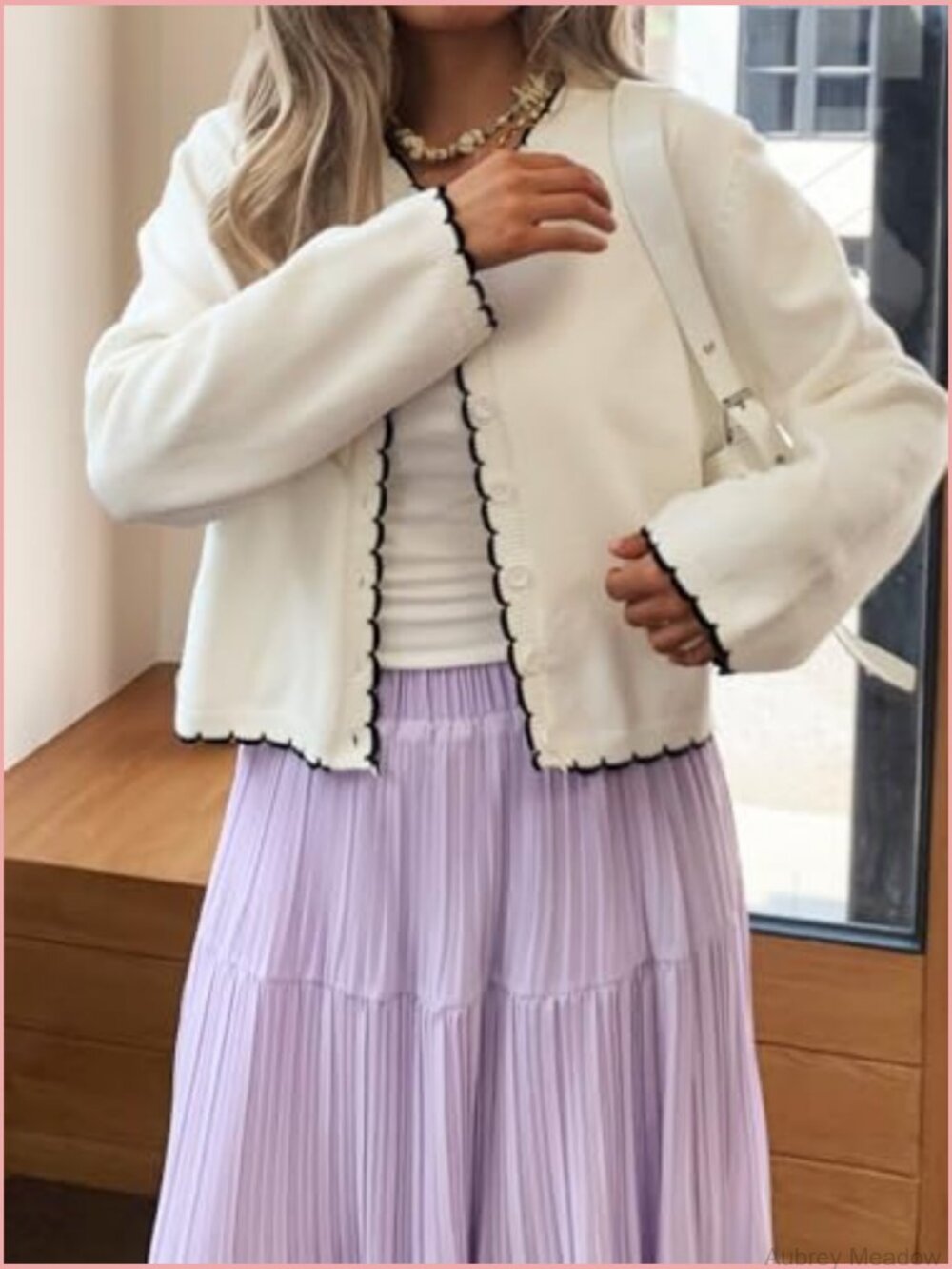 Long Sleeve Cardigan Button Down Knit Open Front Cropped Contrast Trim Sweater - Picture 3 of 7